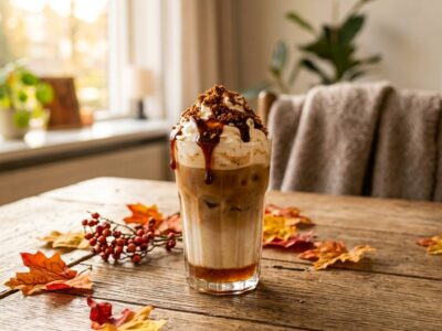 Glas ijskoffie met slagroom, karamelsaus en koekkruimels op een houten tafel omringd door herfstbladeren.