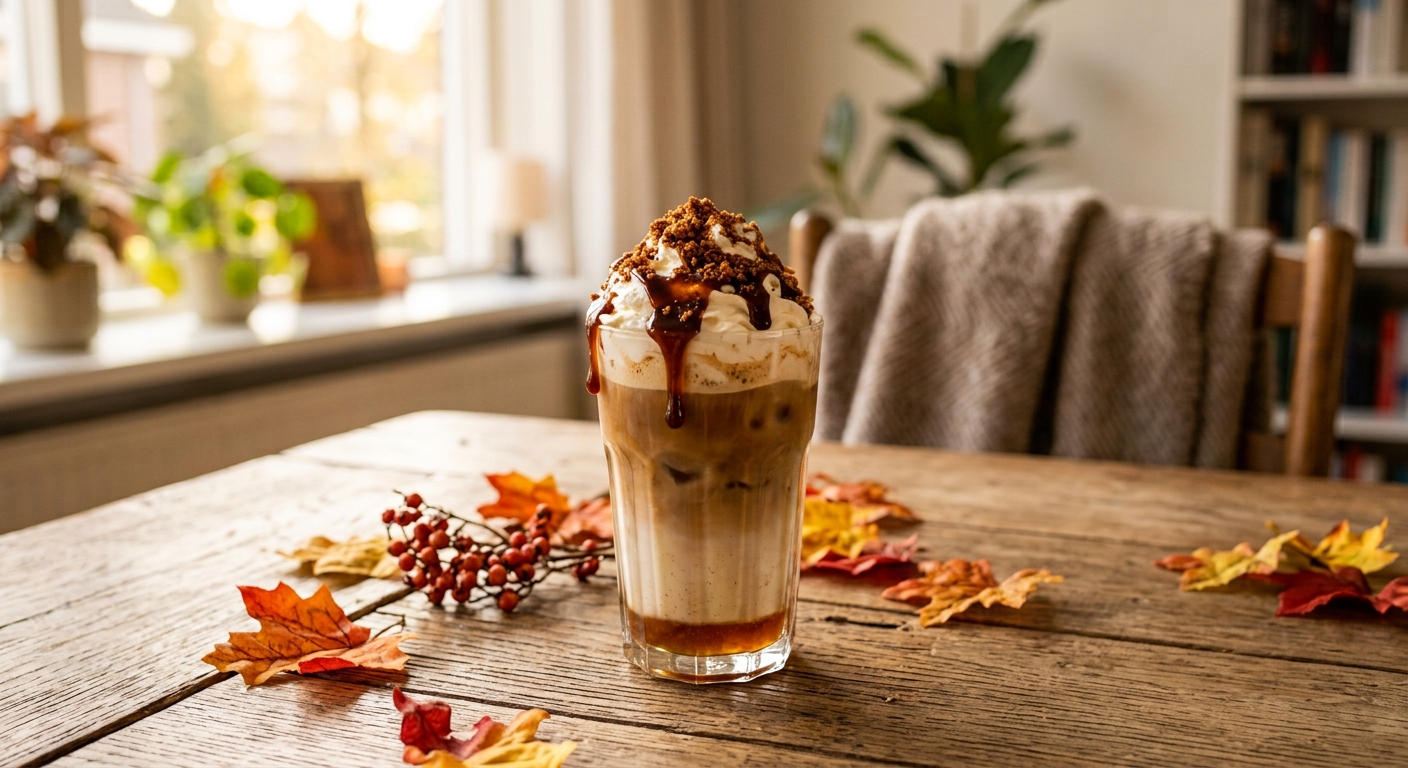 Glas ijskoffie met slagroom, karamelsaus en koekkruimels op een houten tafel omringd door herfstbladeren.
