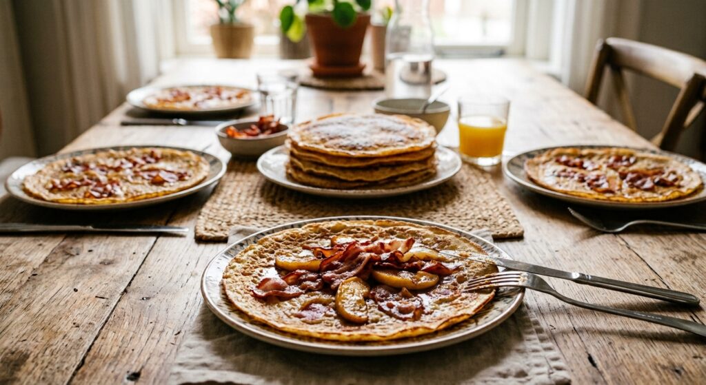 Bord met een ambachtelijke pannenkoek bedekt met uitgebakken spek en gebakken appelschijfjes op een gedekte houten eettafel.