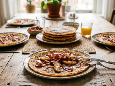Bord met een ambachtelijke pannenkoek bedekt met uitgebakken spek en gebakken appelschijfjes op een gedekte houten eettafel.